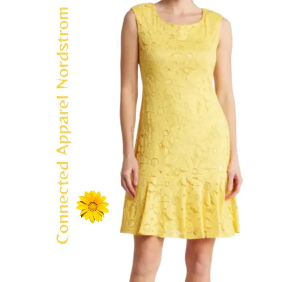Connected Apparel Coming Up Daisy Yellow Perfect Summer Dress Sz 14 Lace Overlay - Picture 1 of 11